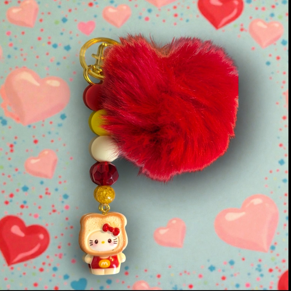 Handmade Hello Kitty 'Bread' Bag Charm With Red Puff Keychain